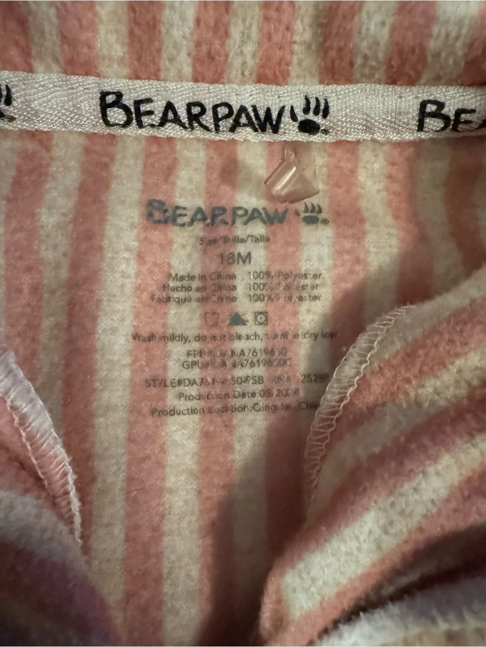BearPaw Pink and White Striped Kids Pajama Set with Bear Pocket Girls 18M
